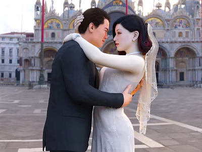 Couple Embracing In Front Of St Marks Basilica In Wedding Attire 3d model