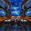 KTV Interior Design With Starry Sky Backdrop Brown Leather Sofas Coffee Tables And Neon Lights 3d model