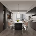 Modern Living and Dining Room Interior With Black Leather Sofa Coffee Table And Large Windows