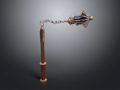 Medieval Weapon With Decorative Metal Chain Wooden Handle And Ornate Head 3d model