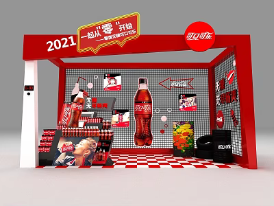 2021 Coca Cola Red Exhibition Booth with Bottles Posters Fruits and Trash Bins 3d model