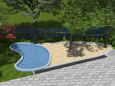 Children's Play Area With Blue Splash Pool Sandpit Trees And Green Lawn 3d model