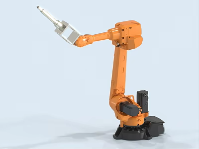 Orange Industrial Robotic Arm With Mechanical Arm Section And Black Base 3d model