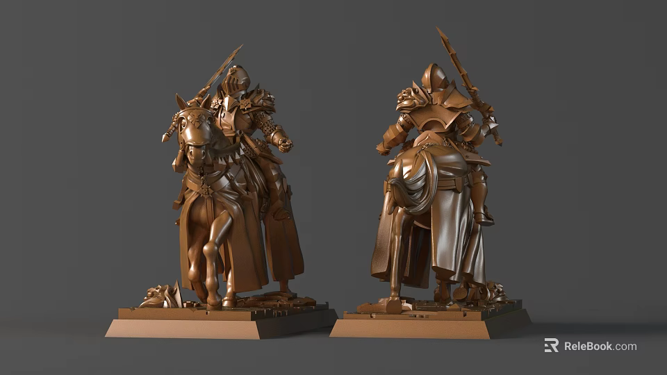 Bronze Armored Knight On Horseback Sculpture With Weapon And Base Details Views 3d model 