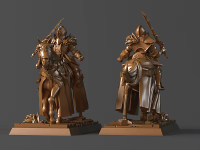 Bronze Armored Knight On Horseback Sculpture With Weapon And Base Details Views 3d model