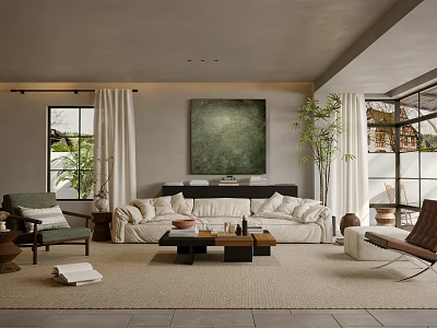 Modern Living Room Interior Design With White Sofa Coffee Table Plants And Wall Painting 3d model