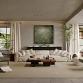 Modern Living Room Interior Design With White Sofa Coffee Table Plants And Wall Painting