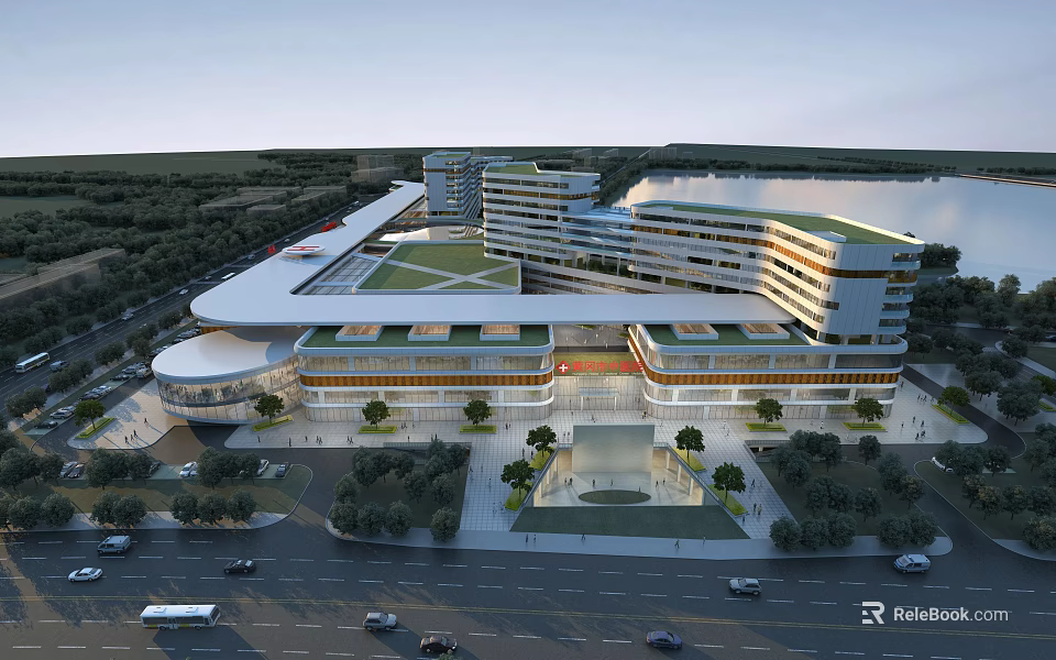 Aerial Planning of Modern Architectural Complex With Green Roofs Water Feature and Trees 3d model 