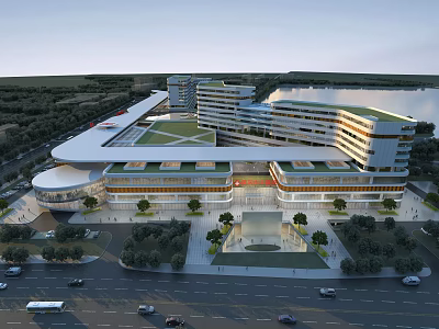 Aerial Planning of Modern Architectural Complex With Green Roofs Water Feature and Trees 3d model