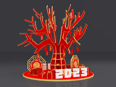 Red Decorative Tree with Branches Decorations Fu Character 2023 and Gift Boxes 3d model