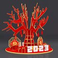 Red Decorative Tree with Branches Decorations Fu Character 2023 and Gift Boxes 3d model