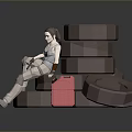 3D Model Scene With Brown Circular Rings Character Sitting And Pink Tool