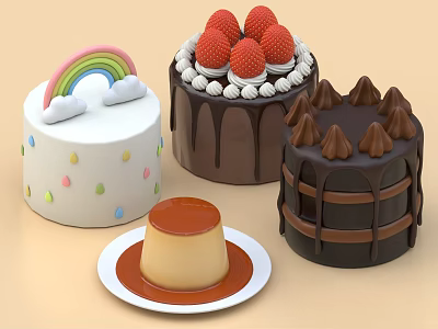 Assorted Colorful Desserts Including Rainbow Cloud Cake Strawberry Topped Chocolate Cake And Caramel Flan 3d model