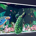 Tropical Themed Photo Spot With Colorful Peacocks Lush Greenery And Pink Blooms