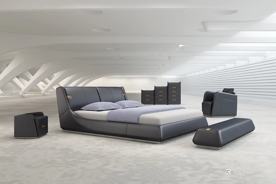 Modern Black Leather Double Bed With Nightstands And Storage Cabinets In White Gray Tones 3d model 