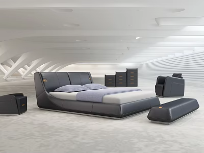 Modern Black Leather Double Bed With Nightstands And Storage Cabinets In White Gray Tones 3d model