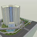 Modern High Rise Office Building With Glass Facade Surrounding Parking Lot And Landscaped Areas