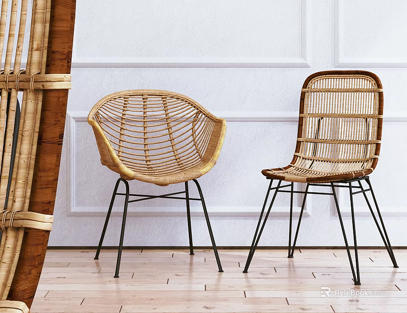 Two Wicker Leisure Chairs With Black Metal Legs On Wooden Floor White Wall 3d model 
