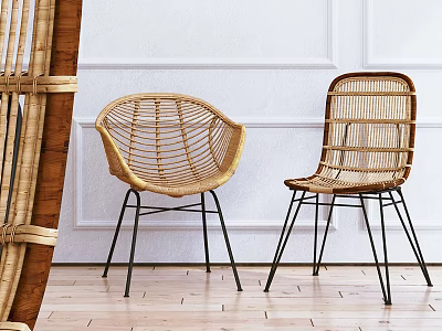 Two Wicker Leisure Chairs With Black Metal Legs On Wooden Floor White Wall 3d model