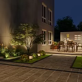 Nighttime Garden Landscape At Building Entrance With Arched Glass Door Wall Lamps And Greenery