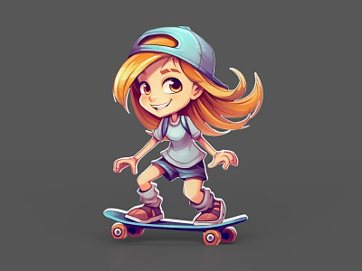 Cartoon Girl With Blue Cap Long Blond Hair And Shorts Skateboarding Happily 3d model