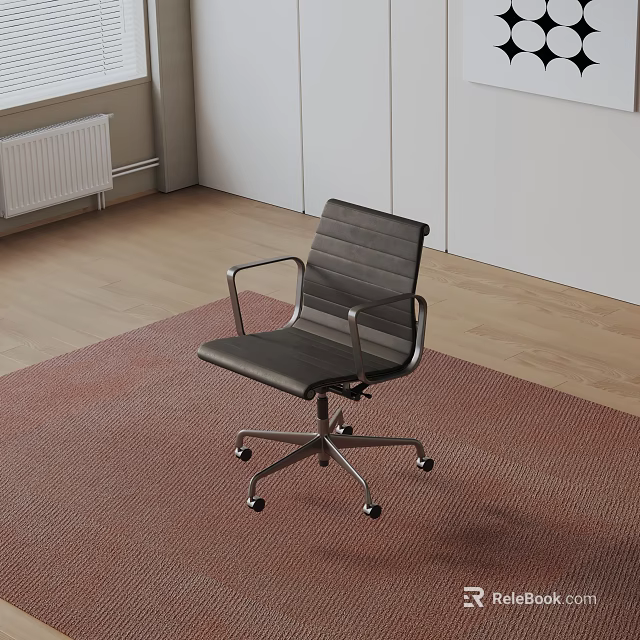 Modern Office Chair With Leather Seat Metal Frame Wheels Armrests On Wooden Floor Red Carpet 3d model 