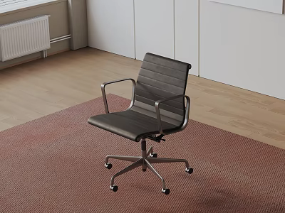 Modern Office Chair With Leather Seat Metal Frame Wheels Armrests On Wooden Floor Red Carpet 3d model