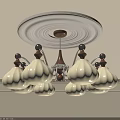 Elegant Hanging Multiple White Lamp Shades Chandelier with Circular Ceiling Medallion Wooden Metal Elements