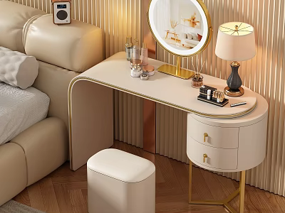 Elegant Modern Vanity Table With Gold Legs Round Mirror Table Lamp Drawers And Stool 3d model