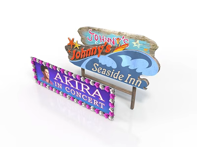 Colorful Decorative Business Signs Featuring Johnny's Seaside Inn And Akira In Concert 3d model