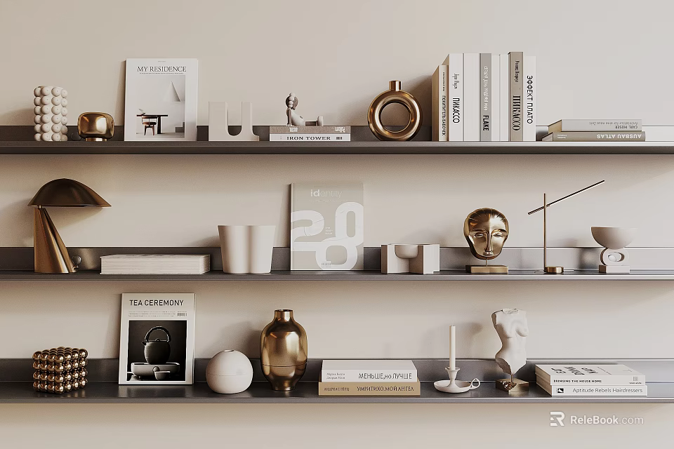Elegant Decorative Ornament Set on Shelf with Books Vase Sculpture Candle Holder and Table Lamp 3d model 