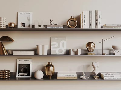 Elegant Decorative Ornament Set on Shelf with Books Vase Sculpture Candle Holder and Table Lamp 3d model