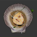 Delicate Food On Shell Shaped Plate With Purple Garnish Green Leaves White Thin Strips
