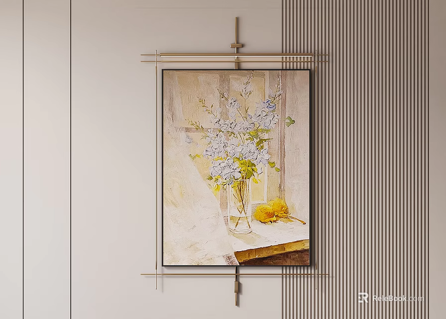 Beautiful Landscape Painting With Blue Flowers In Vase And Yellow Fruits Hanging On Interior Wall 3d model 