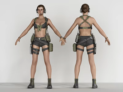 Female Game Movie Character With Halter Top Shorts Headphones And Combat Gear Front Back Views 3d model