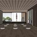 Spacious Yoga Fitness Studio With Wooden Floor Grid Ceiling Round Cushions And Large Windows