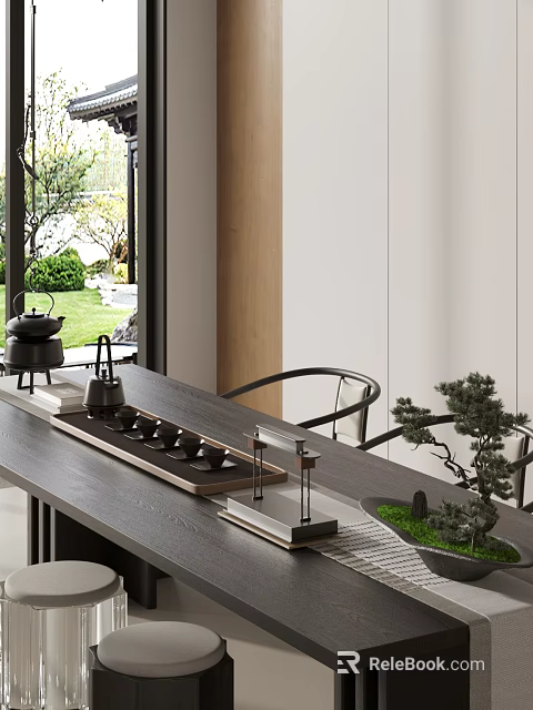 Elegant Ceramic Tea Set Arranged on Wooden Table with Garden View and Chairs 3d model 