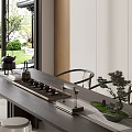 Elegant Ceramic Tea Set Arranged on Wooden Table with Garden View and Chairs
