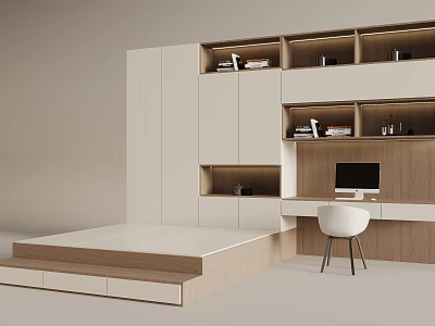 Tatami Bedroom Design With Built In Storage Bed Desk And Neutral Tones 3d model