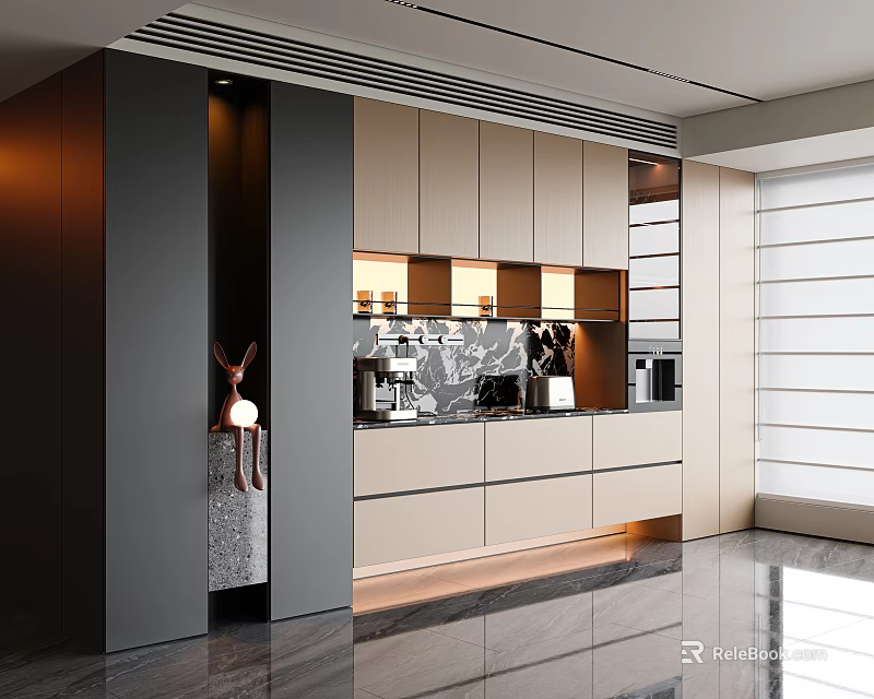 Sleek Modern Kitchen Sideboard With Light Wood Cabinets And Warm Ambient Lighting 3d model 