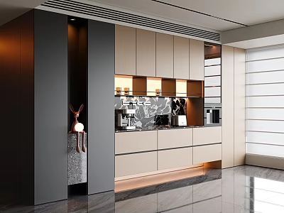 Sleek Modern Kitchen Sideboard With Light Wood Cabinets And Warm Ambient Lighting 3d model
