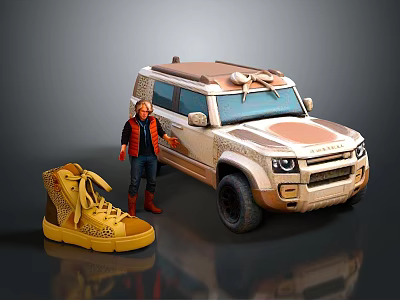 Beige SUV Model With Character Figure And Yellow Leopard Print Shoes 3d model