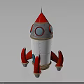 Red And White Space Rocket Model With Red Thrusters And Blue Circular Windows