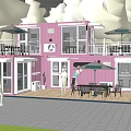 Pink Container House Garden Landscape With Terrace Umbrella Tables Chairs And Green Lawn