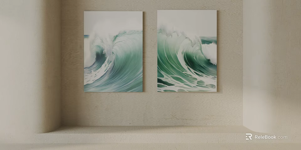 Two Green Ocean Wave Paintings Hanging On Beige Wall Natural Coastal Art Decor 3d model 