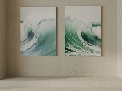 Two Green Ocean Wave Paintings Hanging On Beige Wall Natural Coastal Art Decor 3d model