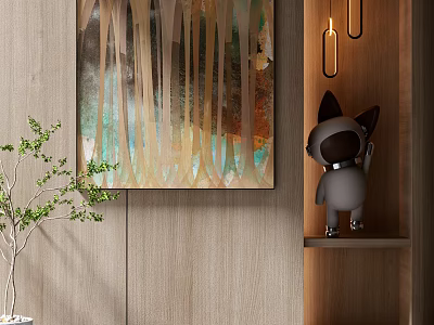 Abstract Painting With Colorful Strokes In Modern Interior With Decorative Figurine And Green Plant 3d model
