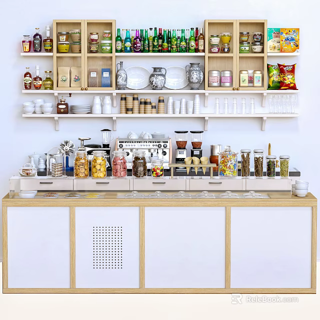 Modern Bubble Tea Shop Counter Area With Assorted Ingredients Toppings And Shelved Supplies 3d model 