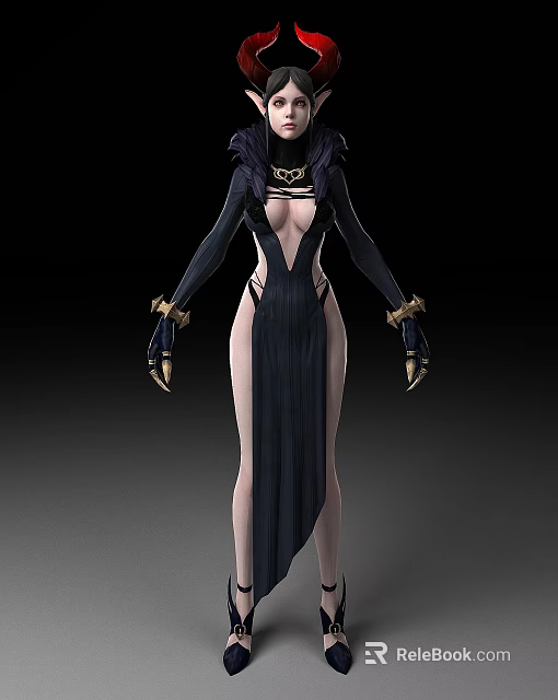 Mysterious Woman In Black Long Dress With Slit Design Black Hat And Gold Decorated Gloves 3d model 