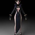 Mysterious Woman In Black Long Dress With Slit Design Black Hat And Gold Decorated Gloves